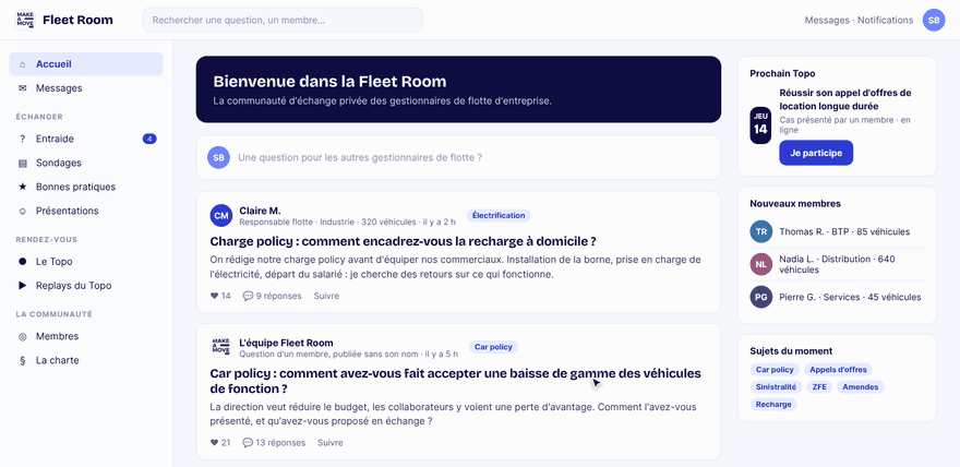 Aperçu de l'accueil de la Fleet Room : questions des membres, prochain Topo, nouveaux membres