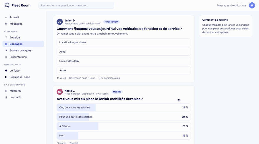 Deux sondages entre membres sur le financement des véhicules et le forfait mobilités durables