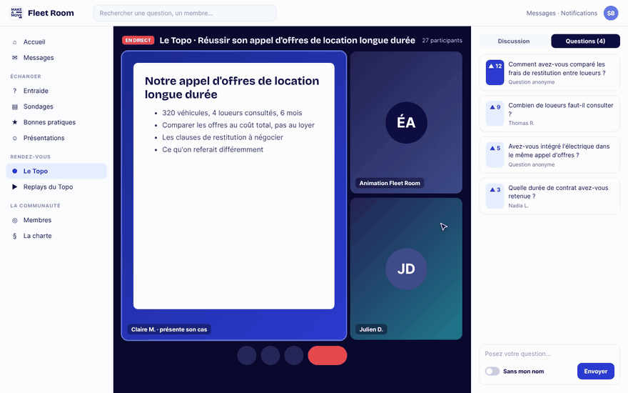 Le Topo en direct sur un appel d'offres de location longue durée, avec les questions classées par votes