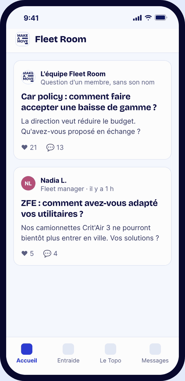 La Fleet Room sur mobile : une notification de réponse, puis la discussion