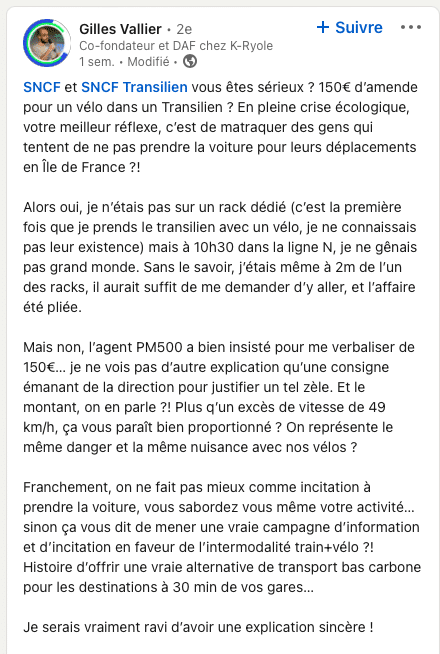Colère internaute après une amende de 150 euros par la SNCF