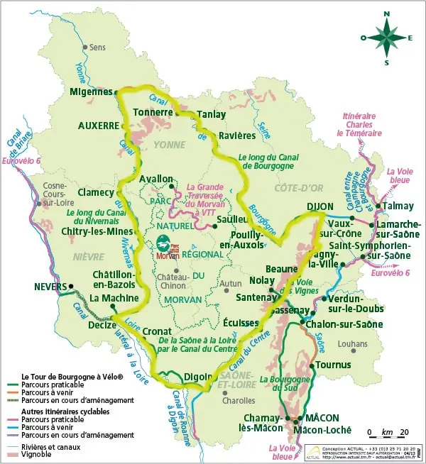 carte du tour de Bourgogne à vélo (France)