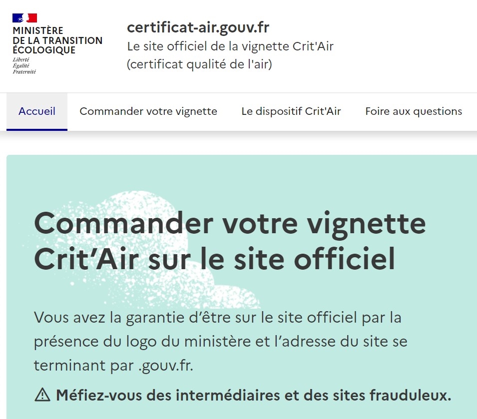 Conseils du gouvernement sur le site officiel de la vignette Crit'Air